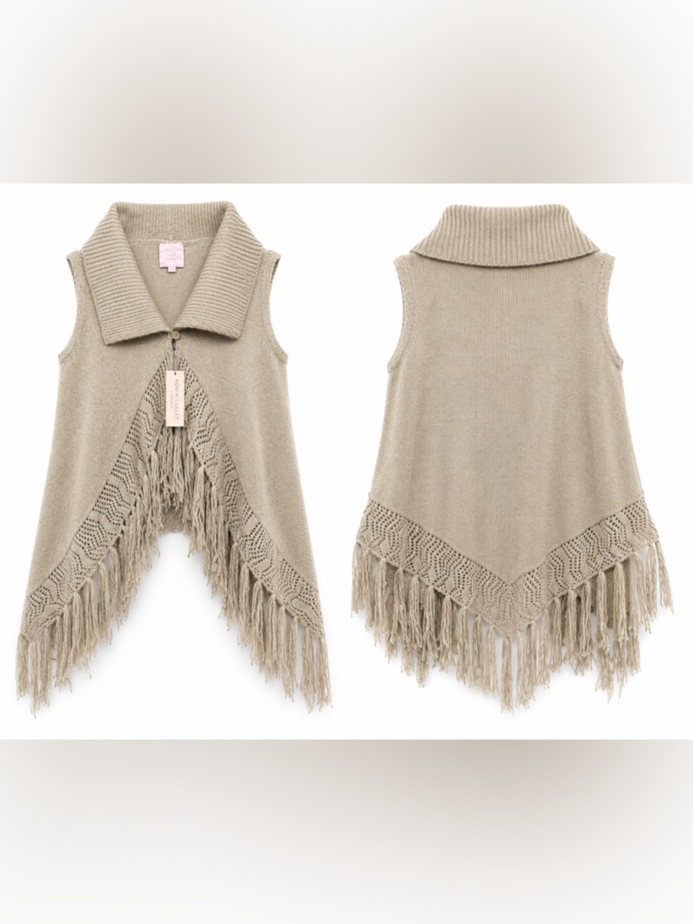 Romeo & Juliet Beige Fringe Sweater Poncho Vest Shawl Boho Cozy Knit NWT Medium - Picture 2 of 6